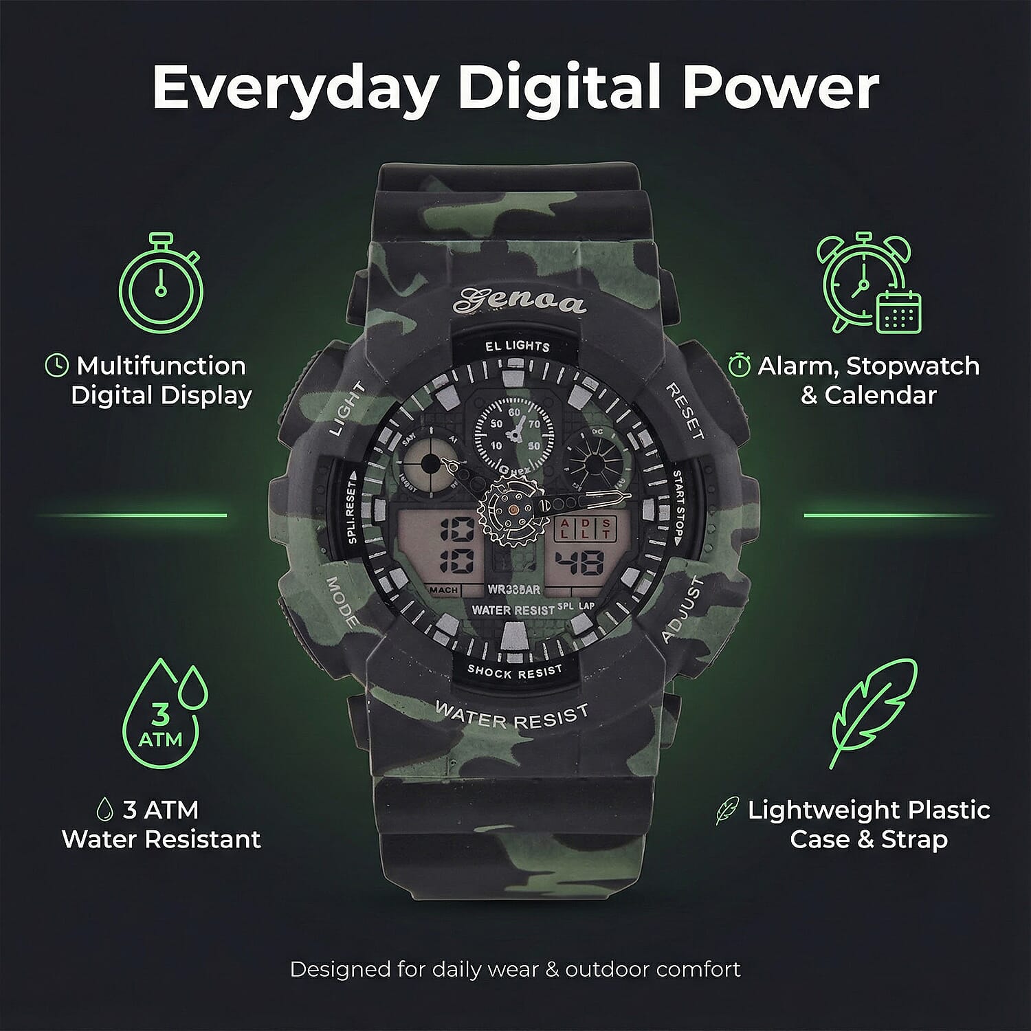GENOA TIME V2 Double Electronic Movement 3ATM Water Resistant Camouflage Black Multifunctional LED Dial Watch with TPU Strap